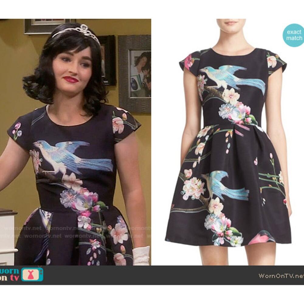 TED BAKER ‘ZALDANA’ Dress - Black & Colorful Floral & Birds, Fit-and-Flare